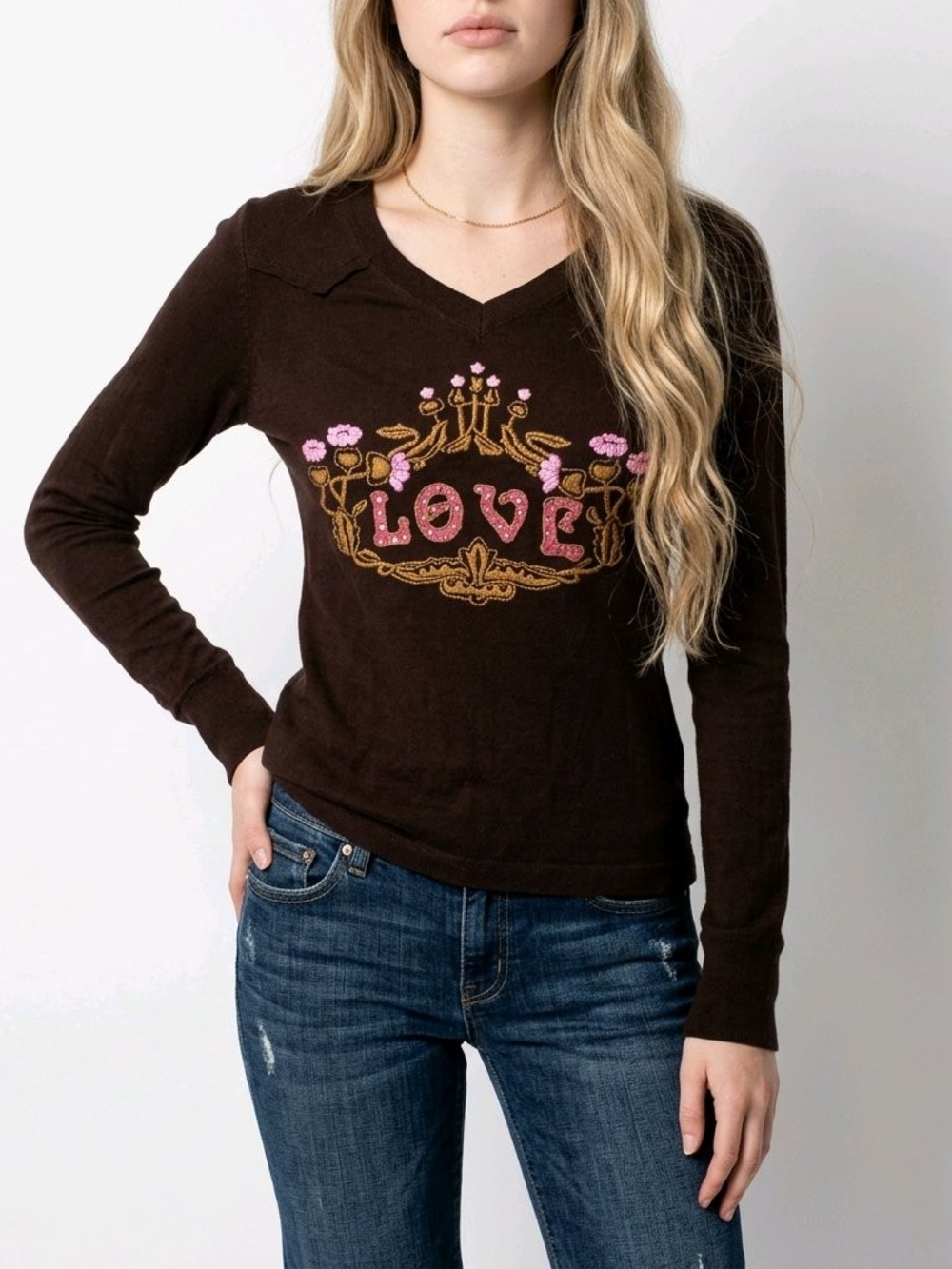 Monteau Brown Long Sleeve V-Neck Top with Pink & Gold 'LOVE' Embroidery
